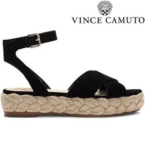 Vince Camuto Delindan Black Suede Ankle Strap Platform Espadrille Sandal sz 5.5